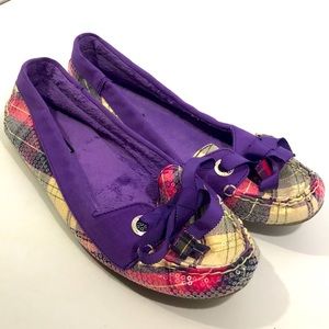 Sperry topsider boat flat purple plaid shoes glitter cute comfy